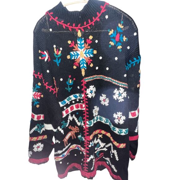 Vintage Knit Christmas Sweater Snowflakes, Reindeer, Embroidered skiiers Holiday - Picture 1 of 8